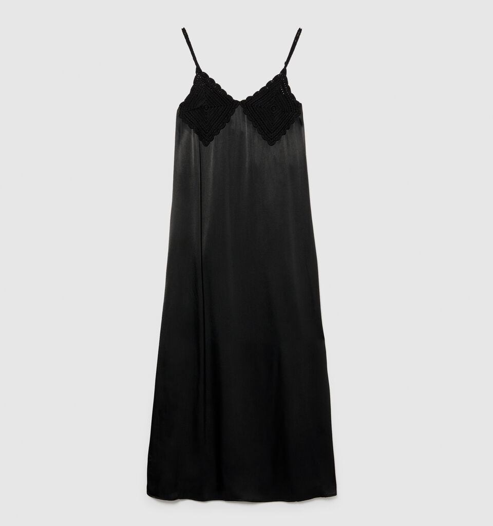 Satin dress with crochet - women's midi dresses - Black | Sisley image number 6